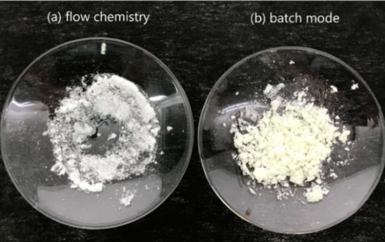 ( a ) 流動化學(xué)和 ( b ) 分批模式生產(chǎn)的 TNT 。流動化學(xué)樣品為白色，而批處理模式樣品因雜質(zhì)而呈黃色。