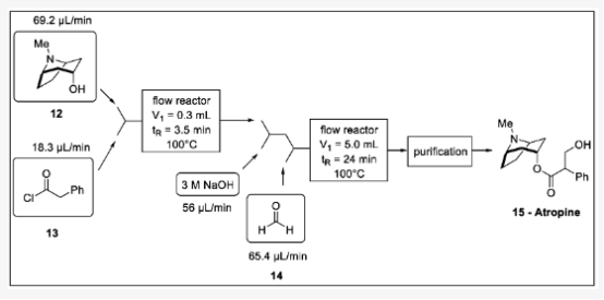 圖5 阿托品流程合成：12-托品、13-苯乙酰氯、14-甲醛、15-阿托品。