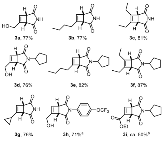 Figure 1 連續(xù)環(huán)丁烯合成的底物范圍；使用20mol%的噻噸酮； b 對(duì)二氧化硅不穩(wěn)定。