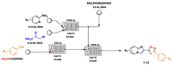圖6.通過芳基腈和羧酸的連續(xù)微反應器序列合成1,2,4-惡二唑