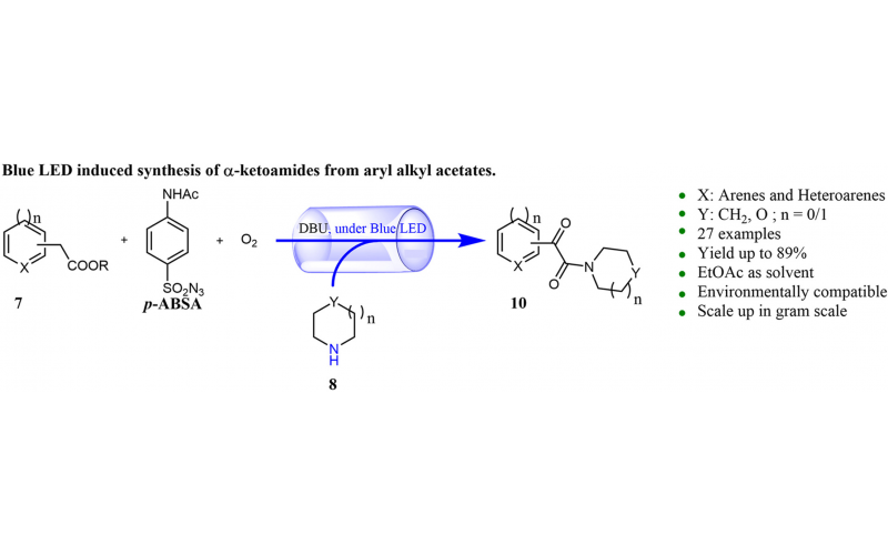 一鍋重氮裝置——光化學氧化（藍色 LED-O 2）芳基雜芳基乙酸酯與環(huán)狀 2°-胺的酰胺化：芳香族 α-酮酰胺的環(huán)保合成